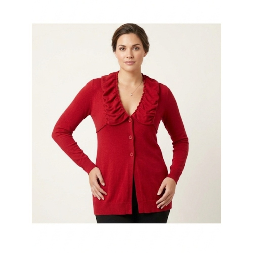 Sandwich Wool Blend Red Ruffle Shawl Collar Longline Cardigan Sweater XL‎